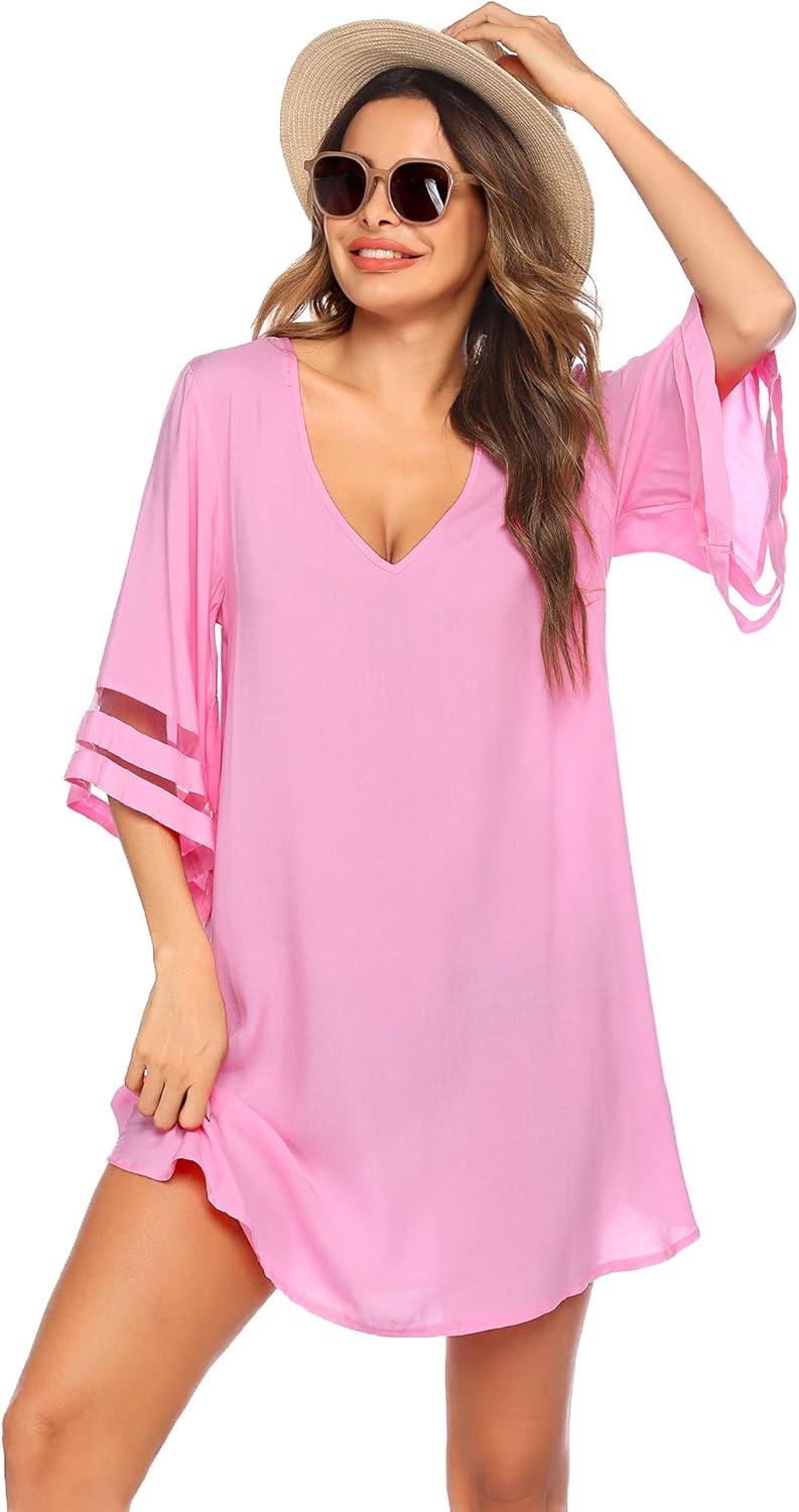 imageEkouaer Womens Swimsuit Cover Up 34 Bell Sleeve Beachwear Coverups Deep VNeck Bikini Beach Dress S3XLPink