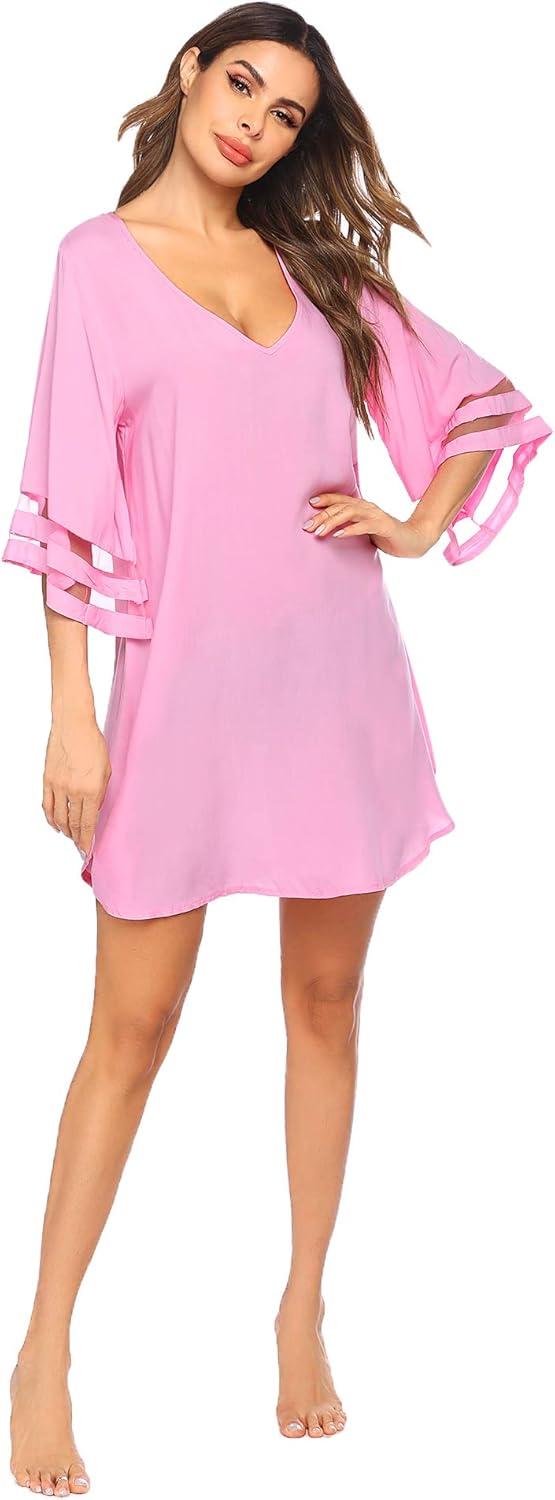imageEkouaer Womens Swimsuit Cover Up 34 Bell Sleeve Beachwear Coverups Deep VNeck Bikini Beach Dress S3XLPink