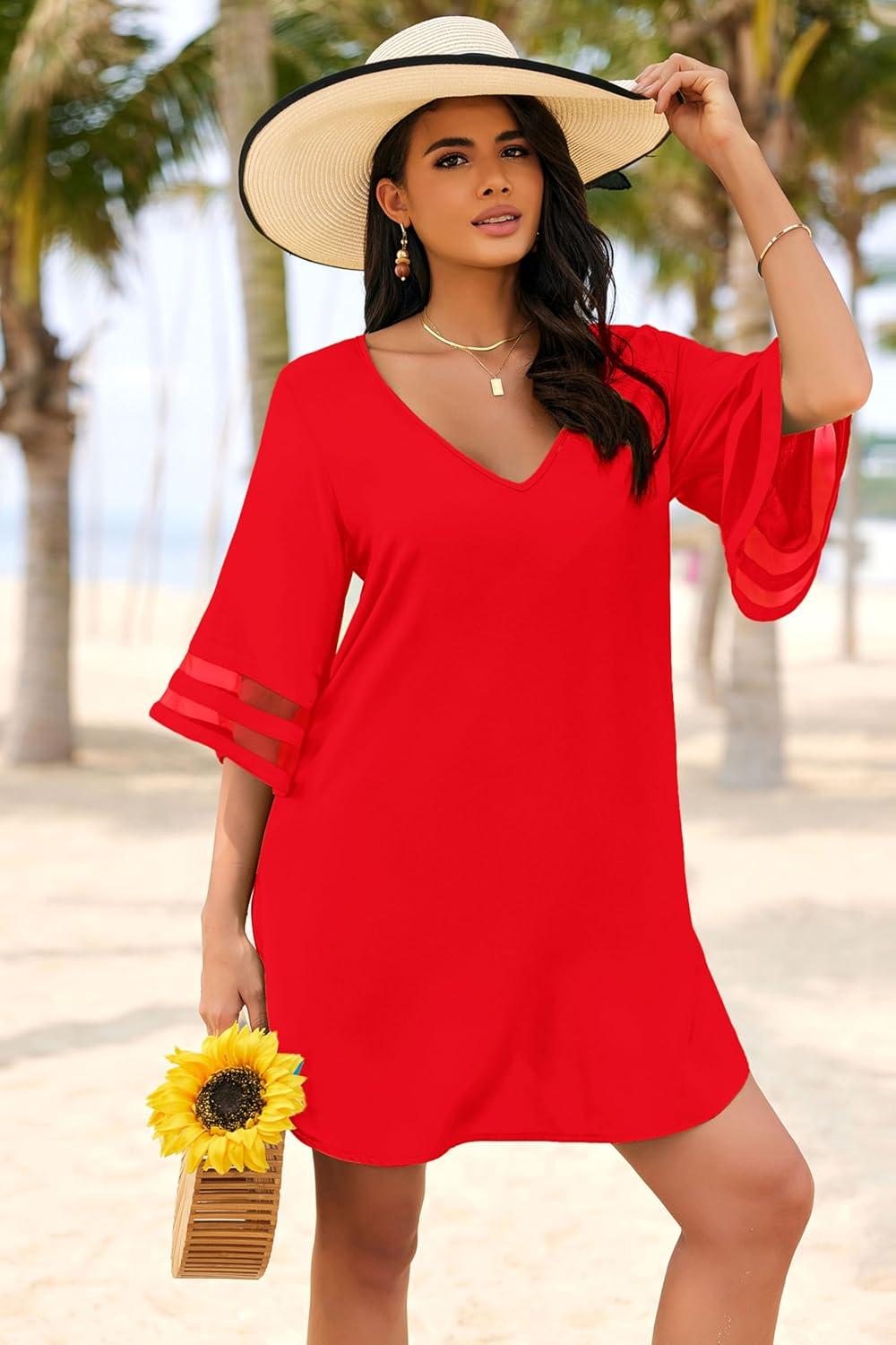 imageEkouaer Womens Swimsuit Cover Up 34 Bell Sleeve Beachwear Coverups Deep VNeck Bikini Beach Dress S3XLRed