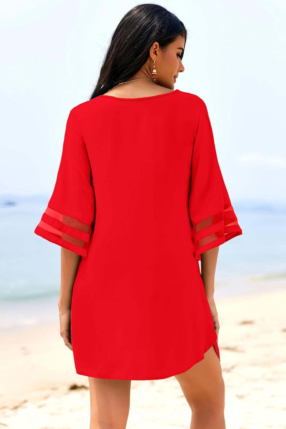 imageEkouaer Womens Swimsuit Cover Up 34 Bell Sleeve Beachwear Coverups Deep VNeck Bikini Beach Dress S3XLRed