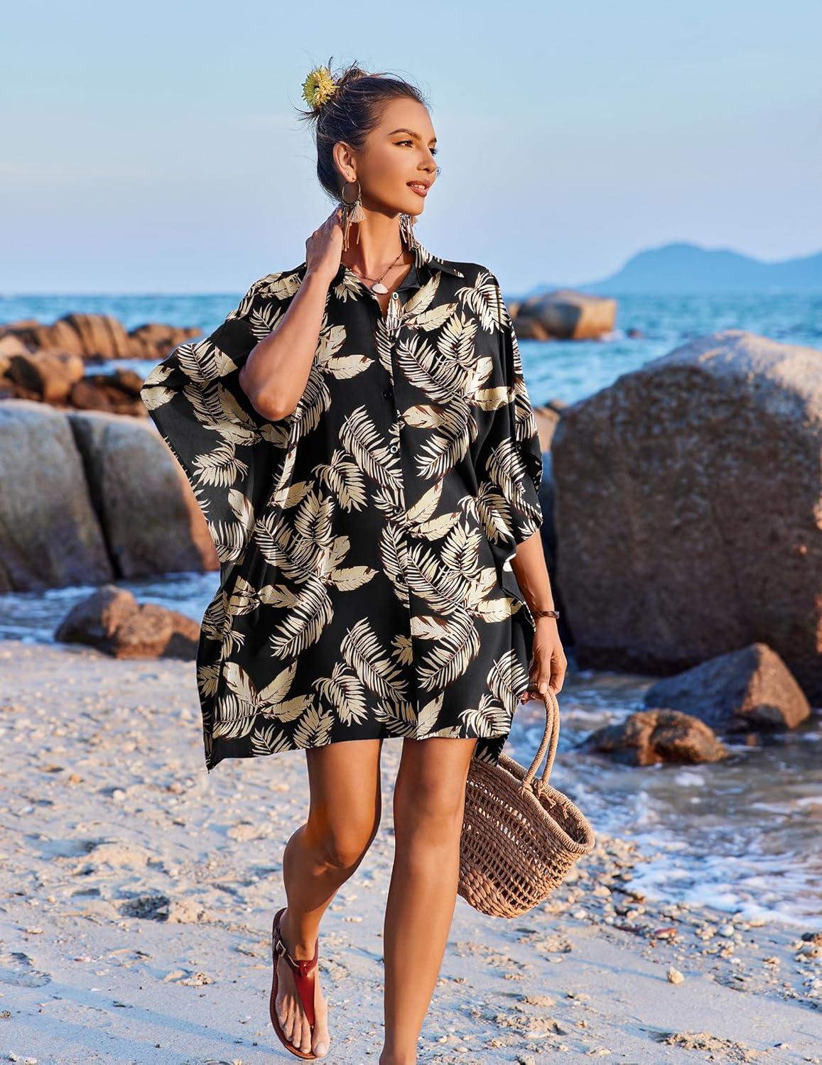 imageEkouaer Womens Swimsuit Cover Up 34 Sleeve Beachwear Bikini Coverups Button Down Oversized Cover Up Shirt S3XLPat4leaf