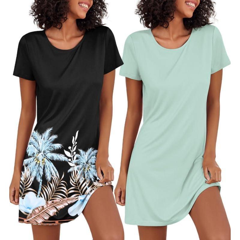 imageEkouaer 2 Pack Nightgowns for Women Sleepshirt Short Sleeve Night Shirts Soft Sleep Dress Classic NightDress SXXLBlack Coconut Treelight Green
