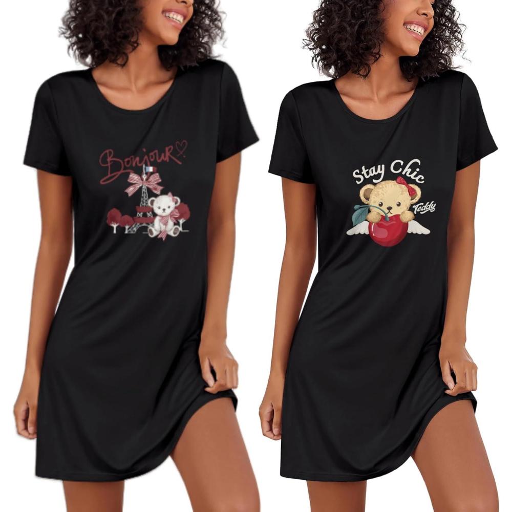 imageEkouaer 2 Pack Nightgowns for Women Sleepshirt Short Sleeve Night Shirts Soft Sleep Dress Classic NightDress SXXLBlack Teddy Bear