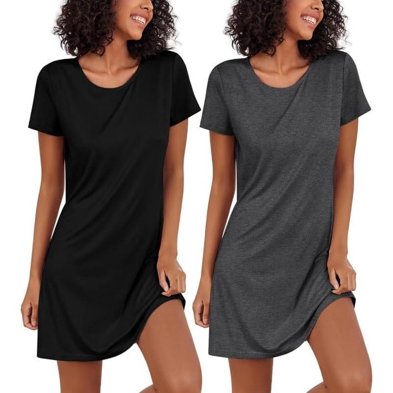 imageEkouaer 2 Pack Nightgowns for Women Sleepshirt Short Sleeve Night Shirts Soft Sleep Dress Classic NightDress SXXLBlackgrey