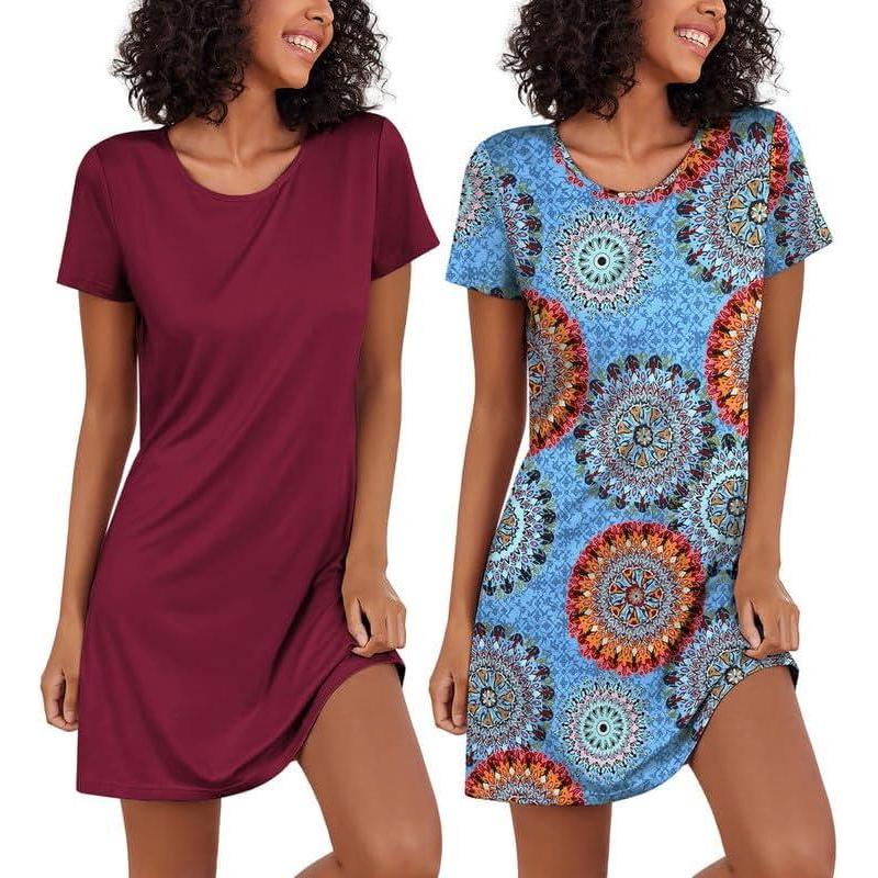 imageEkouaer 2 Pack Nightgowns for Women Sleepshirt Short Sleeve Night Shirts Soft Sleep Dress Classic NightDress SXXLBlue Bohomaroon
