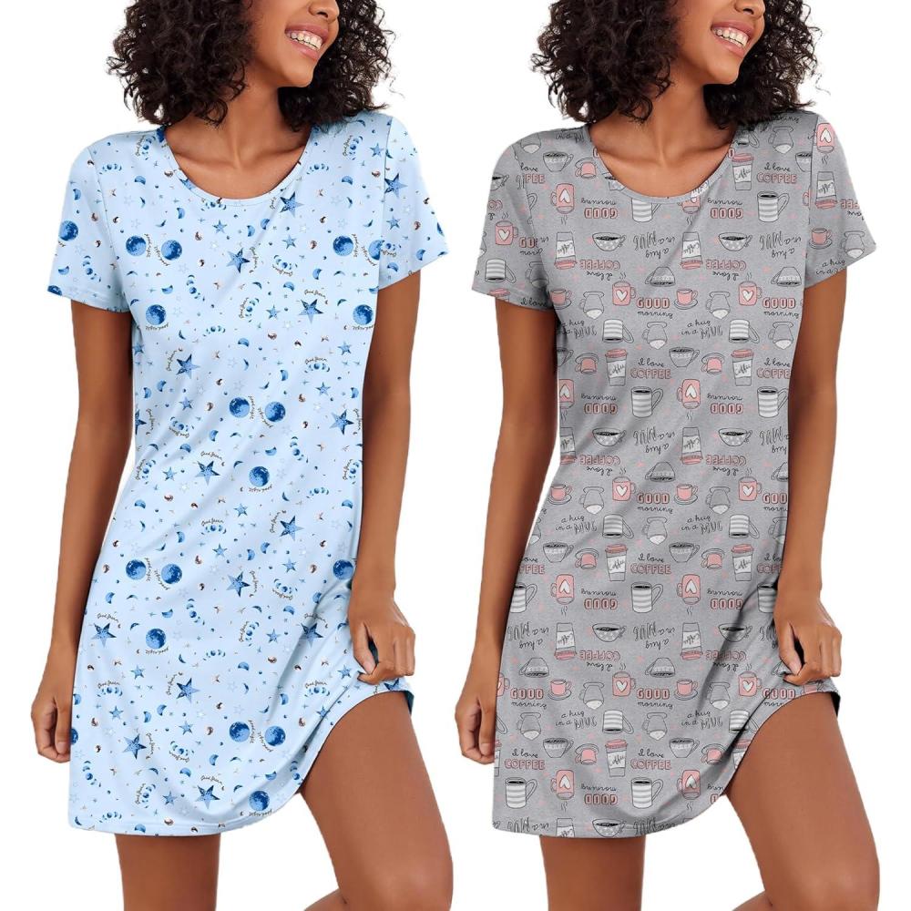imageEkouaer 2 Pack Nightgowns for Women Sleepshirt Short Sleeve Night Shirts Soft Sleep Dress Classic NightDress SXXLCupblue Star