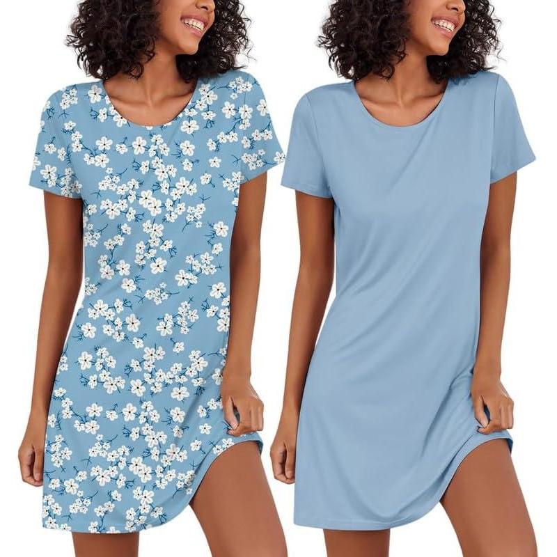 imageEkouaer 2 Pack Nightgowns for Women Sleepshirt Short Sleeve Night Shirts Soft Sleep Dress Classic NightDress SXXLDusty Blueligt Blue