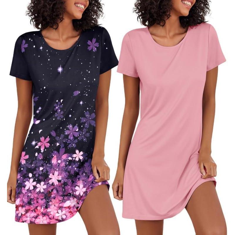 imageEkouaer 2 Pack Nightgowns for Women Sleepshirt Short Sleeve Night Shirts Soft Sleep Dress Classic NightDress SXXLFloralpink
