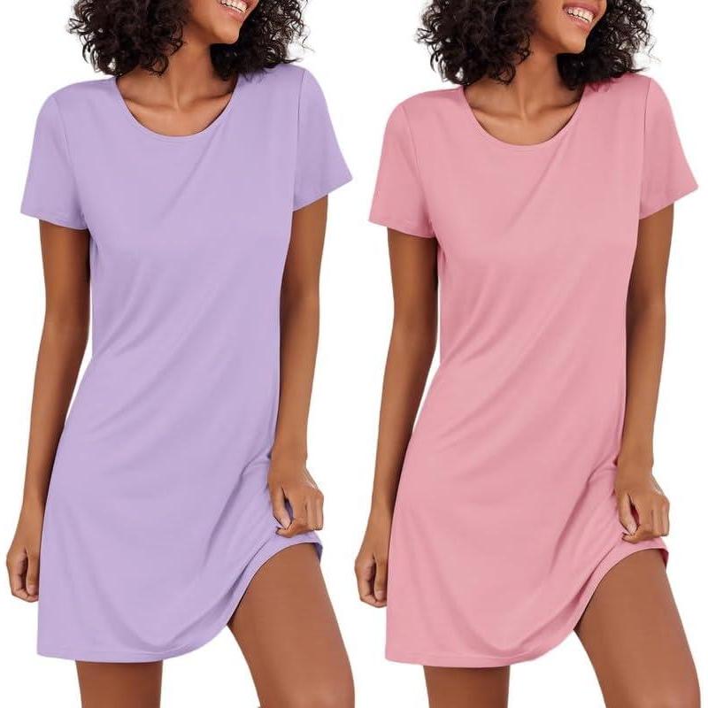 imageEkouaer 2 Pack Nightgowns for Women Sleepshirt Short Sleeve Night Shirts Soft Sleep Dress Classic NightDress SXXLLilacdark Pink