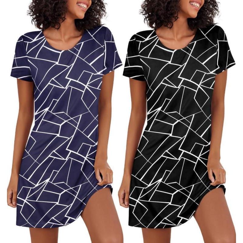 imageEkouaer 2 Pack Nightgowns for Women Sleepshirt Short Sleeve Night Shirts Soft Sleep Dress Classic NightDress SXXLNavy White Stripeblack White Stripe