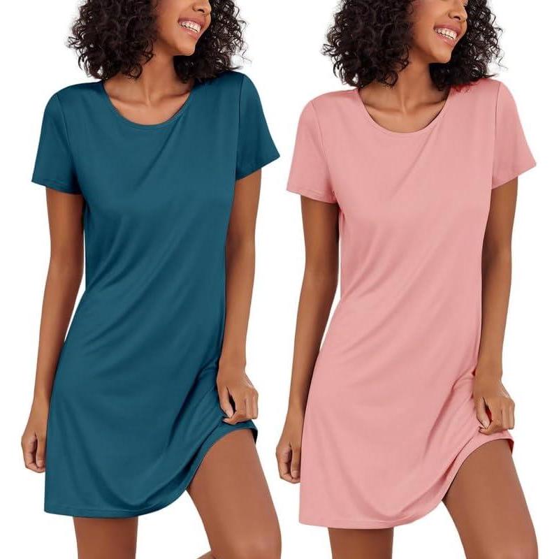 imageEkouaer 2 Pack Nightgowns for Women Sleepshirt Short Sleeve Night Shirts Soft Sleep Dress Classic NightDress SXXLOrange Redblue Green