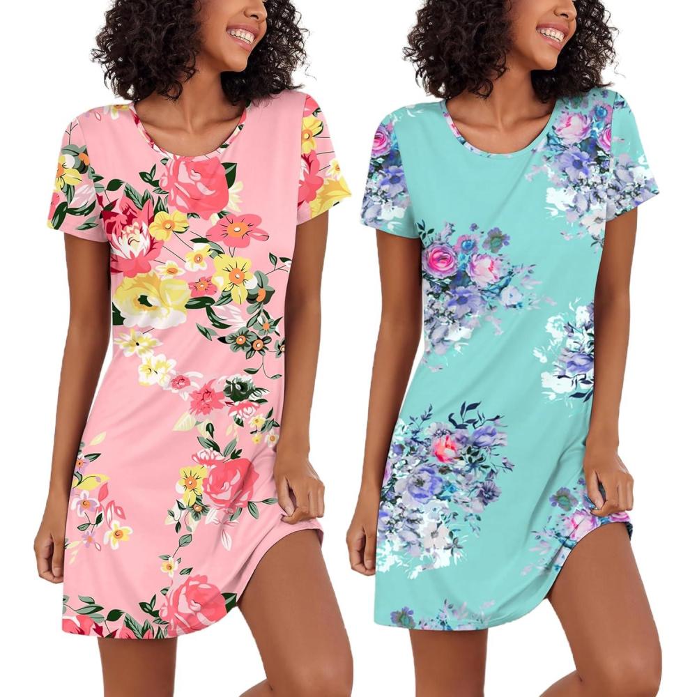 imageEkouaer 2 Pack Nightgowns for Women Sleepshirt Short Sleeve Night Shirts Soft Sleep Dress Classic NightDress SXXLPink Flowerblue Flower