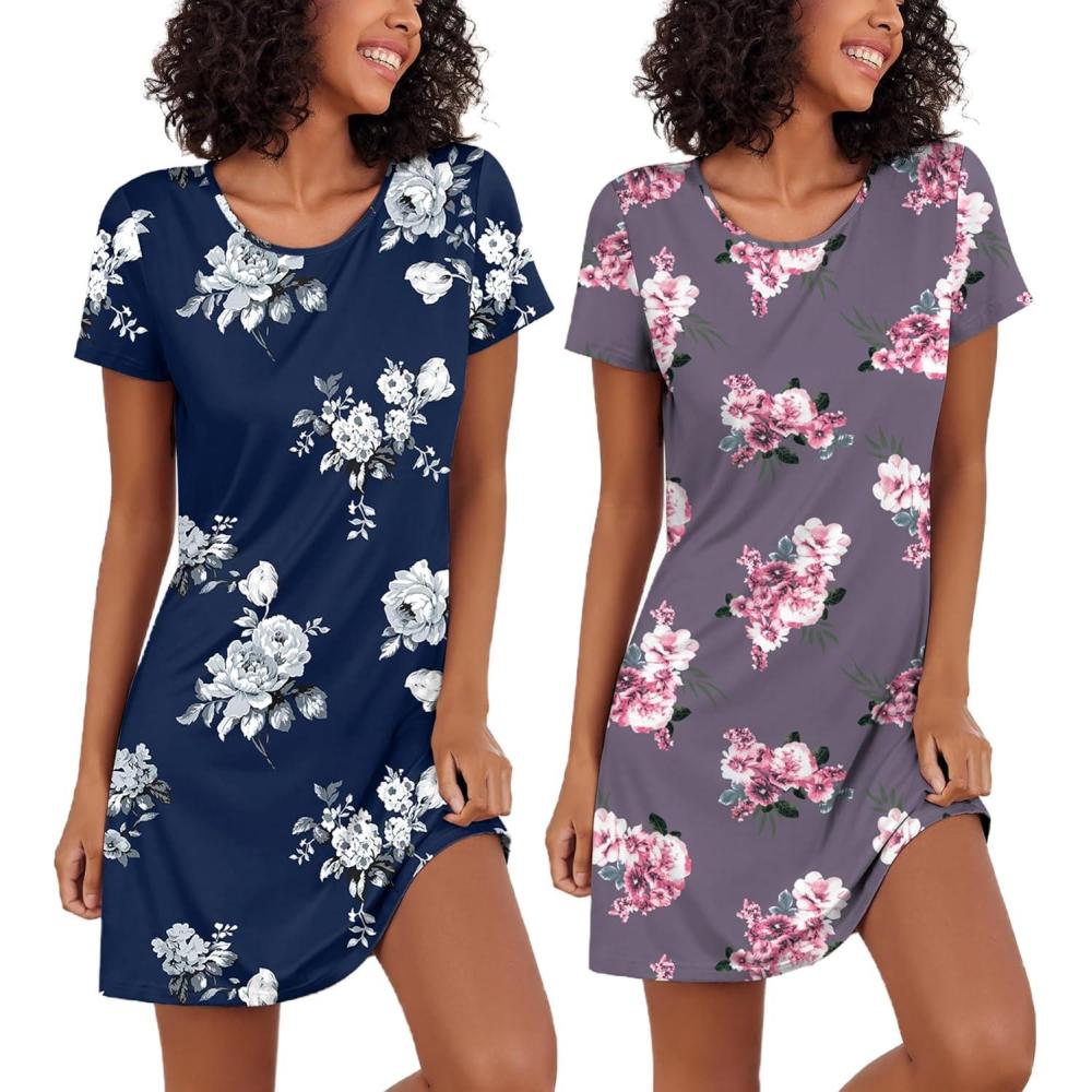 imageEkouaer 2 Pack Nightgowns for Women Sleepshirt Short Sleeve Night Shirts Soft Sleep Dress Classic NightDress SXXLPurple Flowernavy Blue Flower