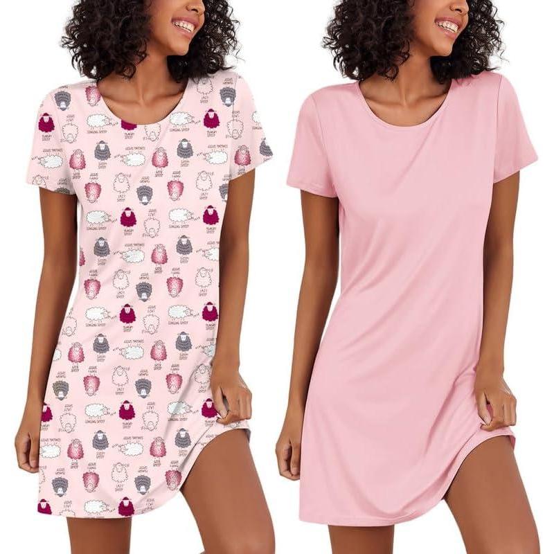 imageEkouaer 2 Pack Nightgowns for Women Sleepshirt Short Sleeve Night Shirts Soft Sleep Dress Classic NightDress SXXLSheeppink