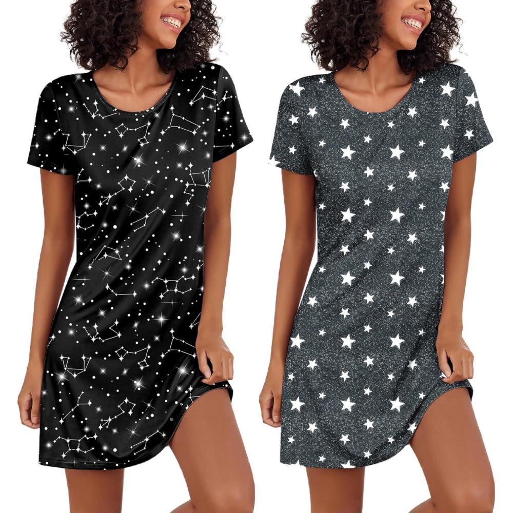 imageEkouaer 2 Pack Nightgowns for Women Sleepshirt Short Sleeve Night Shirts Soft Sleep Dress Classic NightDress SXXLStar Grayconstellation