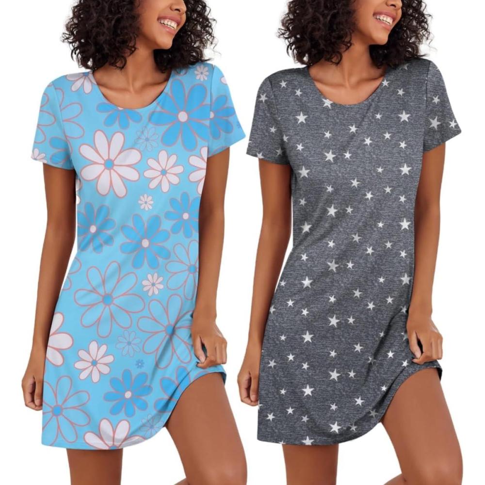 imageEkouaer 2 Pack Nightgowns for Women Sleepshirt Short Sleeve Night Shirts Soft Sleep Dress Classic NightDress SXXLStarflower