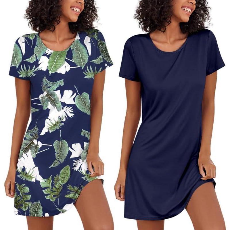 imageEkouaer 2 Pack Nightgowns for Women Sleepshirt Short Sleeve Night Shirts Soft Sleep Dress Classic NightDress SXXLTropical Leafnavy Blue
