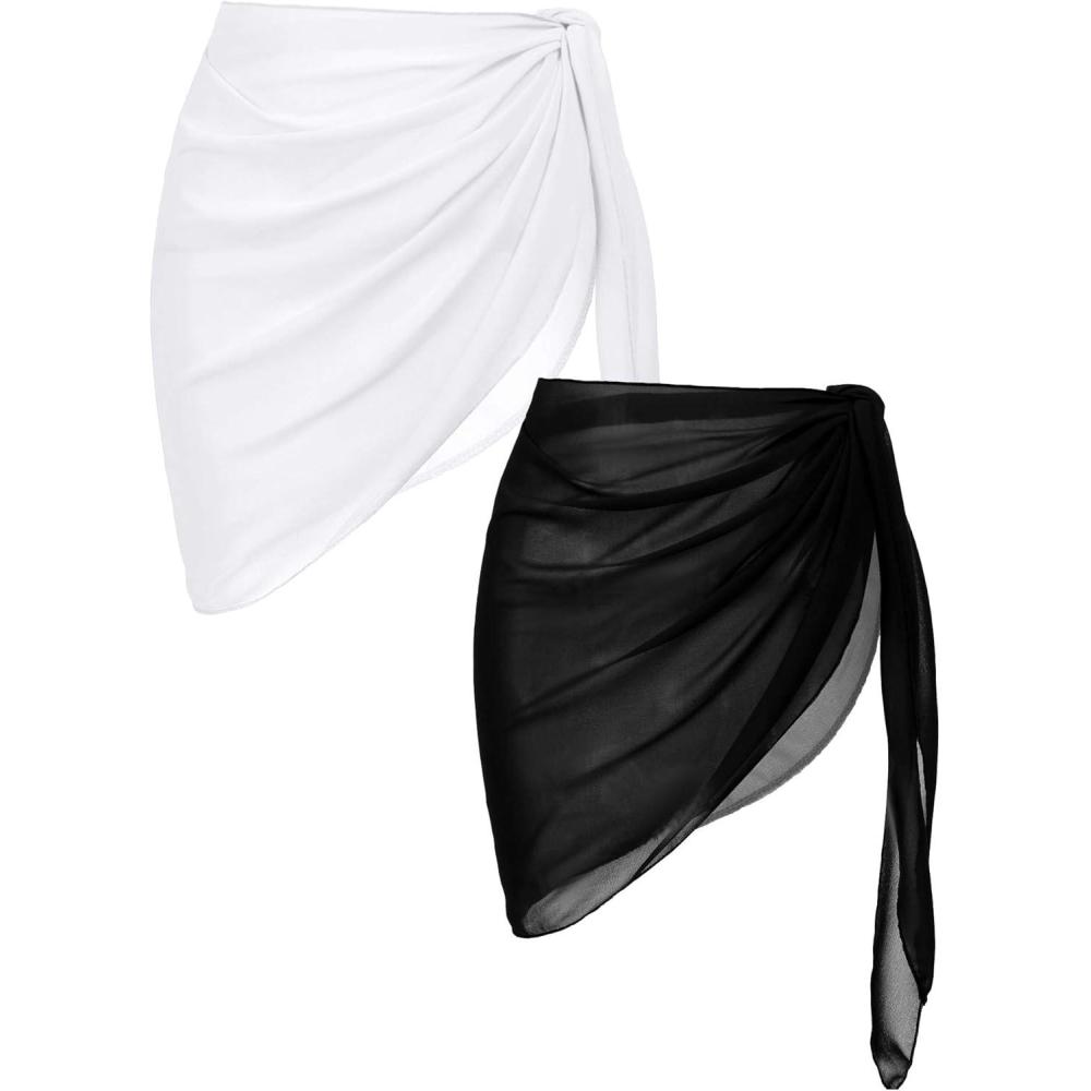 imageEkouaer 2 Pieces Women Beach Sarongs Sheer Cover Ups Chiffon Bikini Wrap Skirt for Swimwear SXXLAblackWhite