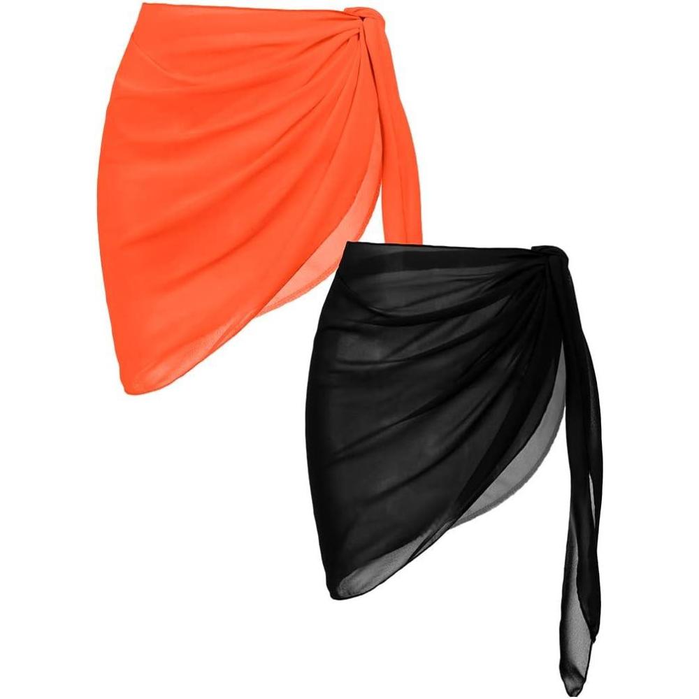 imageEkouaer 2 Pieces Women Beach Sarongs Sheer Cover Ups Chiffon Bikini Wrap Skirt for Swimwear SXXLBlack Fluorescent Orange