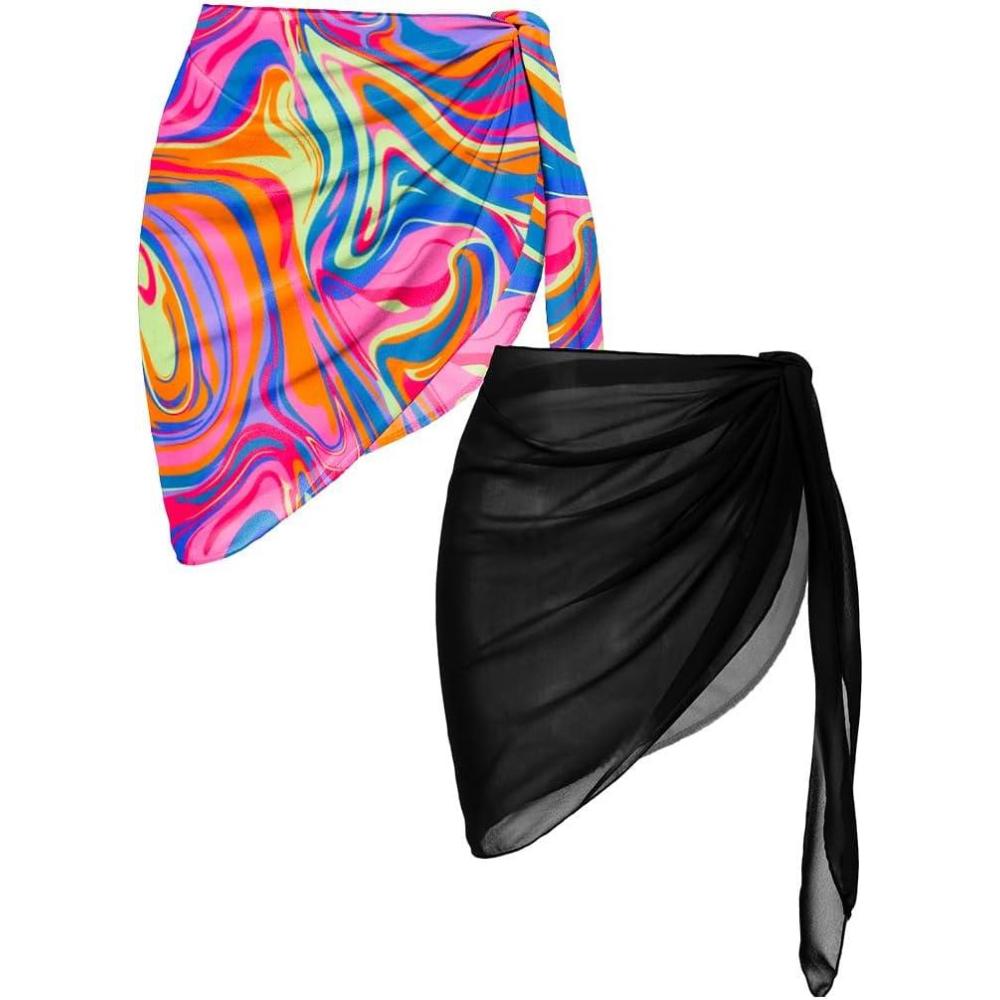 imageEkouaer 2 Pieces Women Beach Sarongs Sheer Cover Ups Chiffon Bikini Wrap Skirt for Swimwear SXXLBlack Pink Art Stripe