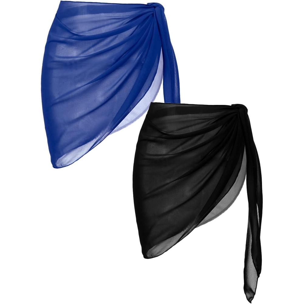 imageEkouaer 2 Pieces Women Beach Sarongs Sheer Cover Ups Chiffon Bikini Wrap Skirt for Swimwear SXXLBlackBlue