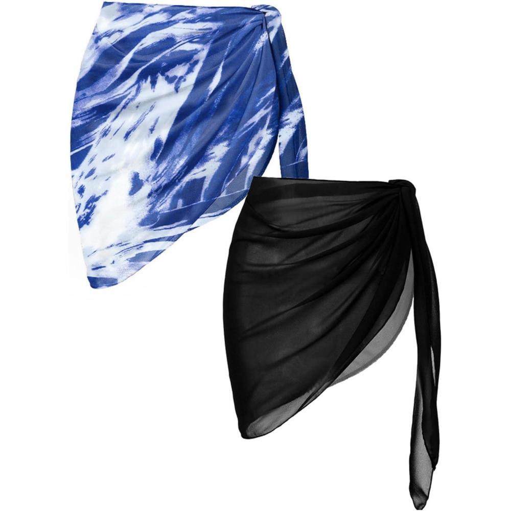 imageEkouaer 2 Pieces Women Beach Sarongs Sheer Cover Ups Chiffon Bikini Wrap Skirt for Swimwear SXXLBlackBlue Art Stripe
