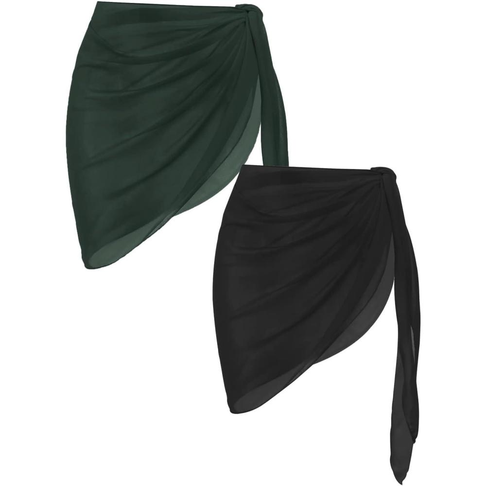 imageEkouaer 2 Pieces Women Beach Sarongs Sheer Cover Ups Chiffon Bikini Wrap Skirt for Swimwear SXXLBlackDark Green