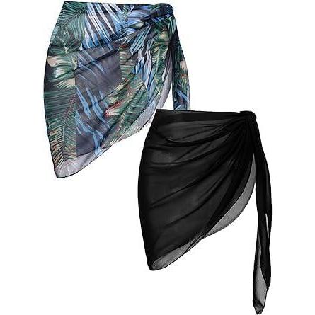 imageEkouaer 2 Pieces Women Beach Sarongs Sheer Cover Ups Chiffon Bikini Wrap Skirt for Swimwear SXXLBlackDark Green Leaves