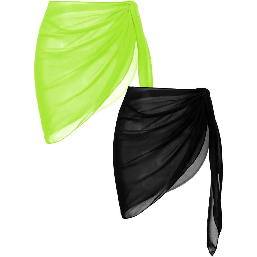 imageEkouaer 2 Pieces Women Beach Sarongs Sheer Cover Ups Chiffon Bikini Wrap Skirt for Swimwear SXXLBlackFluorescent Green