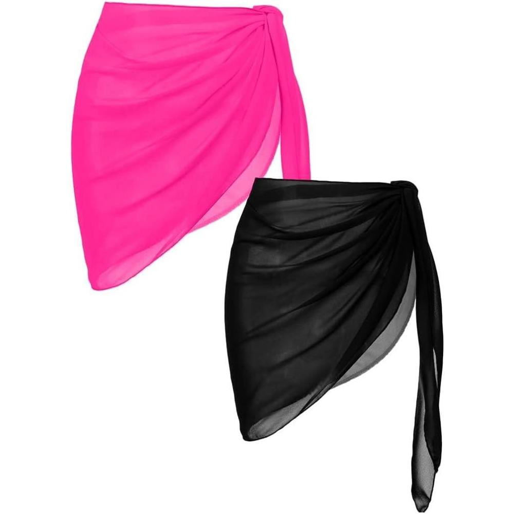 imageEkouaer 2 Pieces Women Beach Sarongs Sheer Cover Ups Chiffon Bikini Wrap Skirt for Swimwear SXXLBlackFluorescent Rose Red