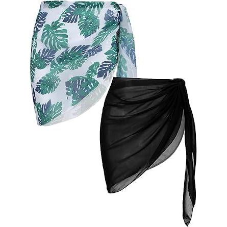 imageEkouaer 2 Pieces Women Beach Sarongs Sheer Cover Ups Chiffon Bikini Wrap Skirt for Swimwear SXXLBlackGreen Leaves
