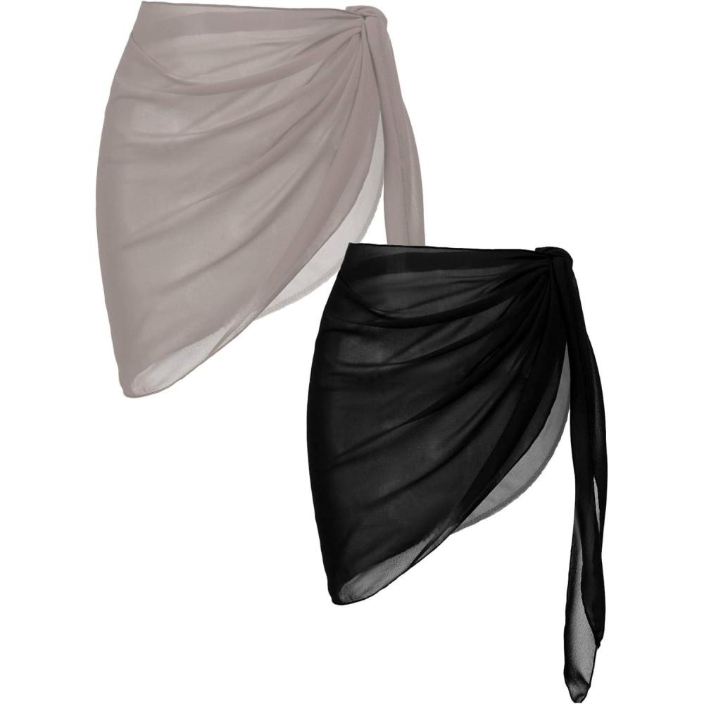imageEkouaer 2 Pieces Women Beach Sarongs Sheer Cover Ups Chiffon Bikini Wrap Skirt for Swimwear SXXLBlackKhaki