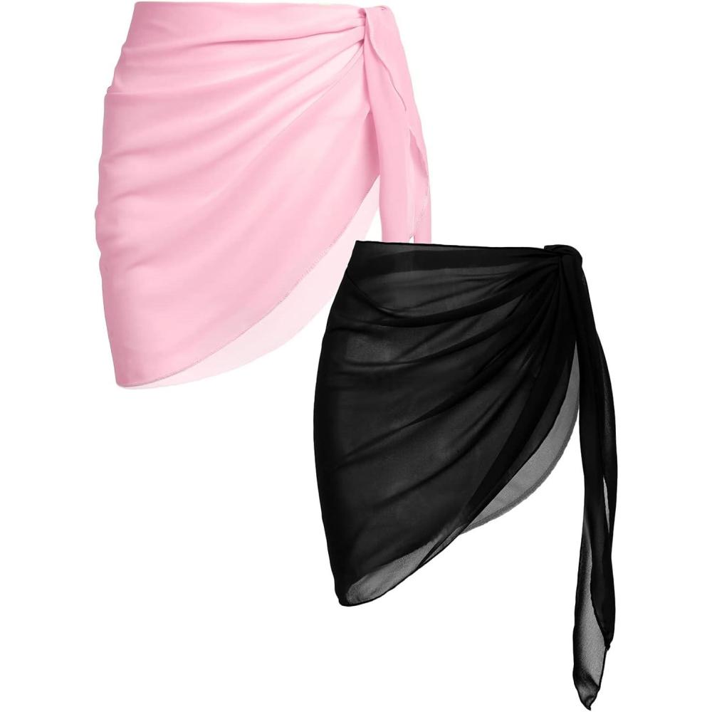 imageEkouaer 2 Pieces Women Beach Sarongs Sheer Cover Ups Chiffon Bikini Wrap Skirt for Swimwear SXXLBlackPink