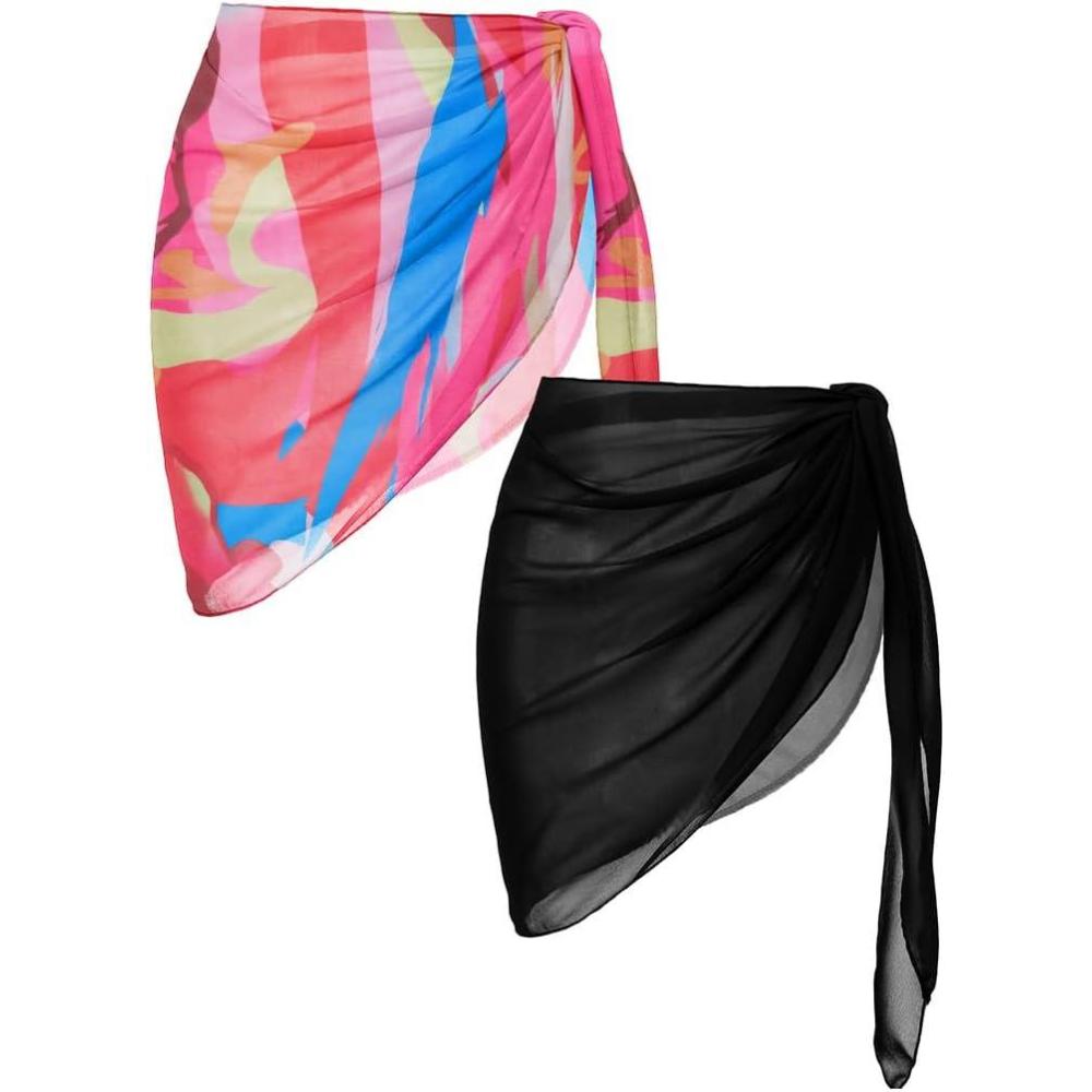 imageEkouaer 2 Pieces Women Beach Sarongs Sheer Cover Ups Chiffon Bikini Wrap Skirt for Swimwear SXXLBlackPink Yellow Art Stripe