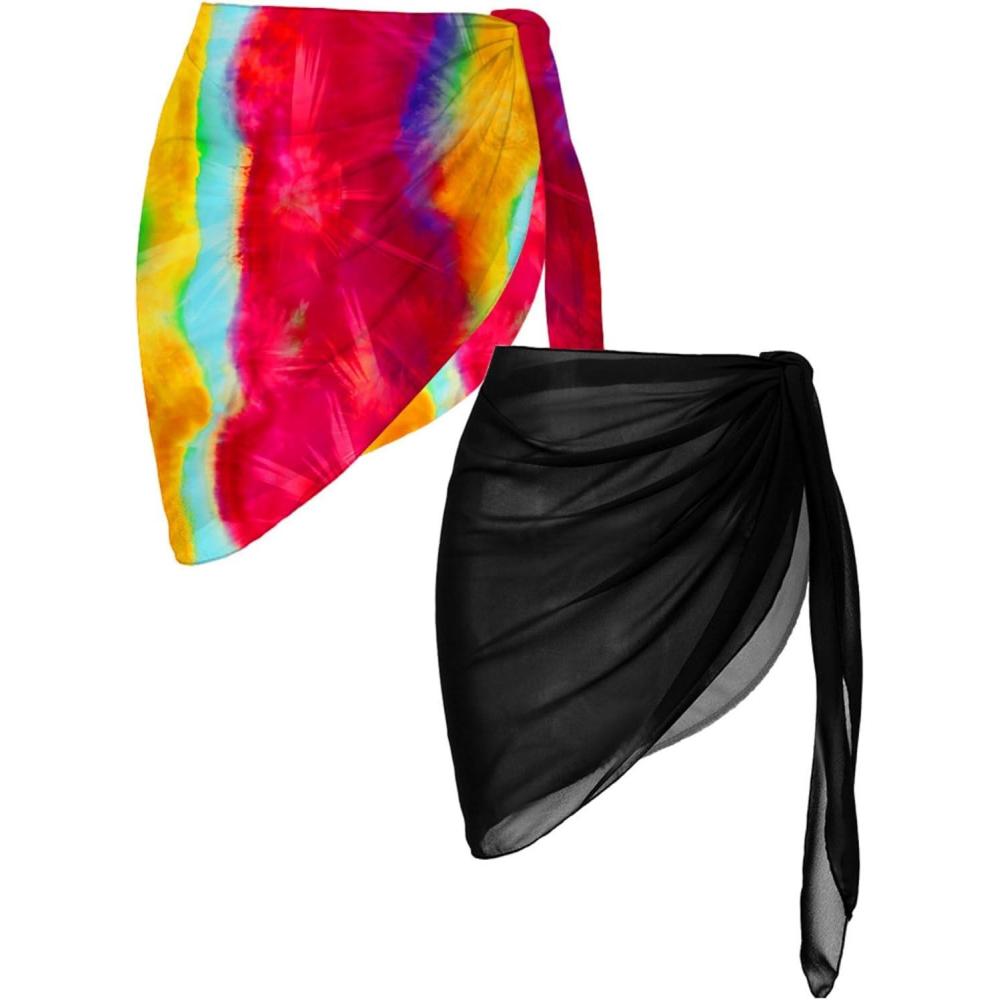 imageEkouaer 2 Pieces Women Beach Sarongs Sheer Cover Ups Chiffon Bikini Wrap Skirt for Swimwear SXXLBlackRed Orange Tiedye