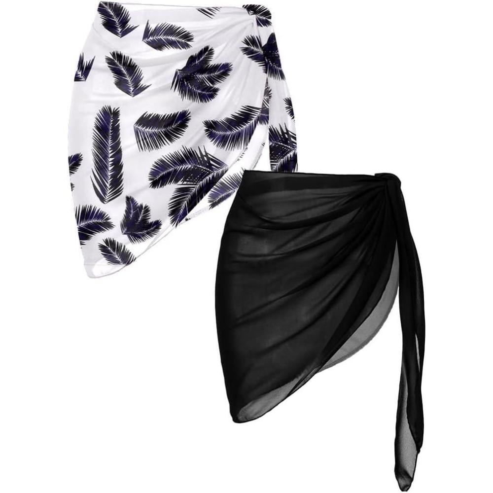 imageEkouaer 2 Pieces Women Beach Sarongs Sheer Cover Ups Chiffon Bikini Wrap Skirt for Swimwear SXXLBlackWhite Background Black Leaves