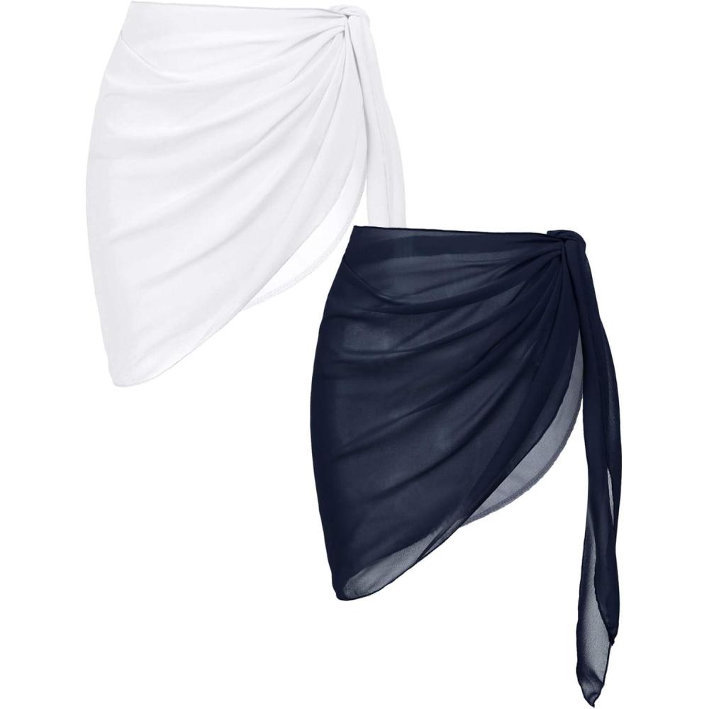 imageEkouaer 2 Pieces Women Beach Sarongs Sheer Cover Ups Chiffon Bikini Wrap Skirt for Swimwear SXXLNavy BlueWhite