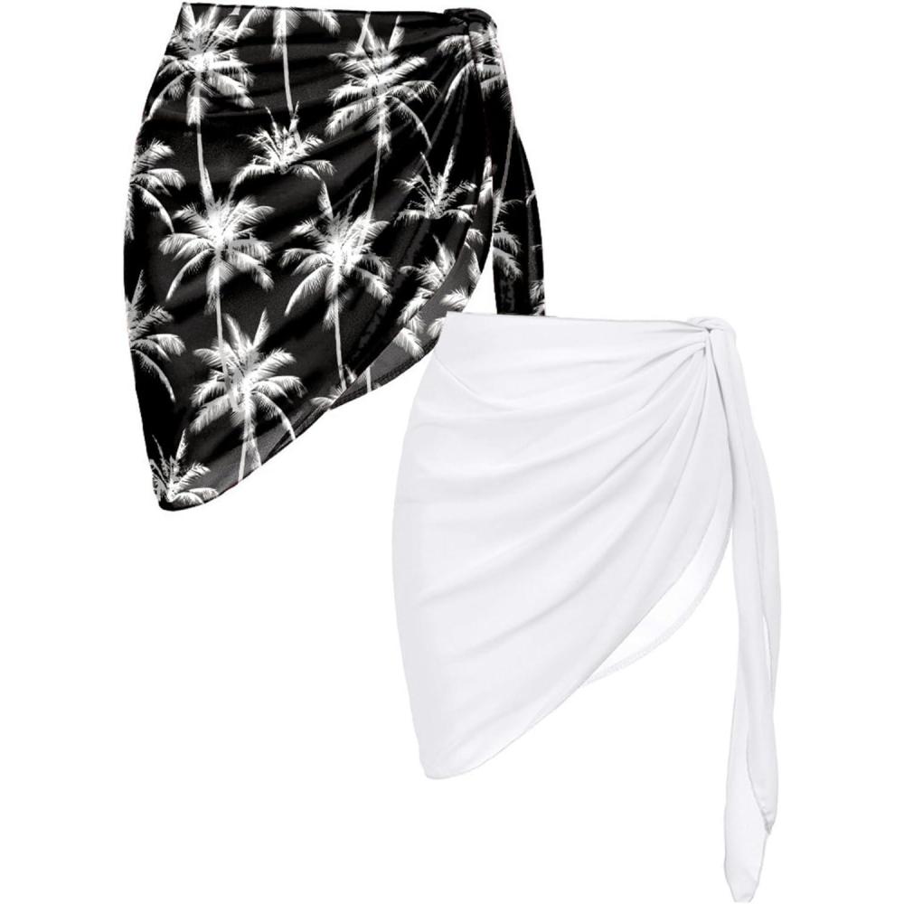 imageEkouaer 2 Pieces Women Beach Sarongs Sheer Cover Ups Chiffon Bikini Wrap Skirt for Swimwear SXXLWhiteCoconut Tree