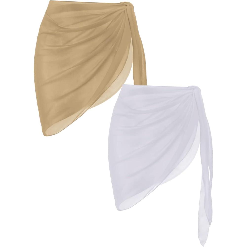 imageEkouaer 2 Pieces Women Beach Sarongs Sheer Cover Ups Chiffon Bikini Wrap Skirt for Swimwear SXXLWhiteKhaki