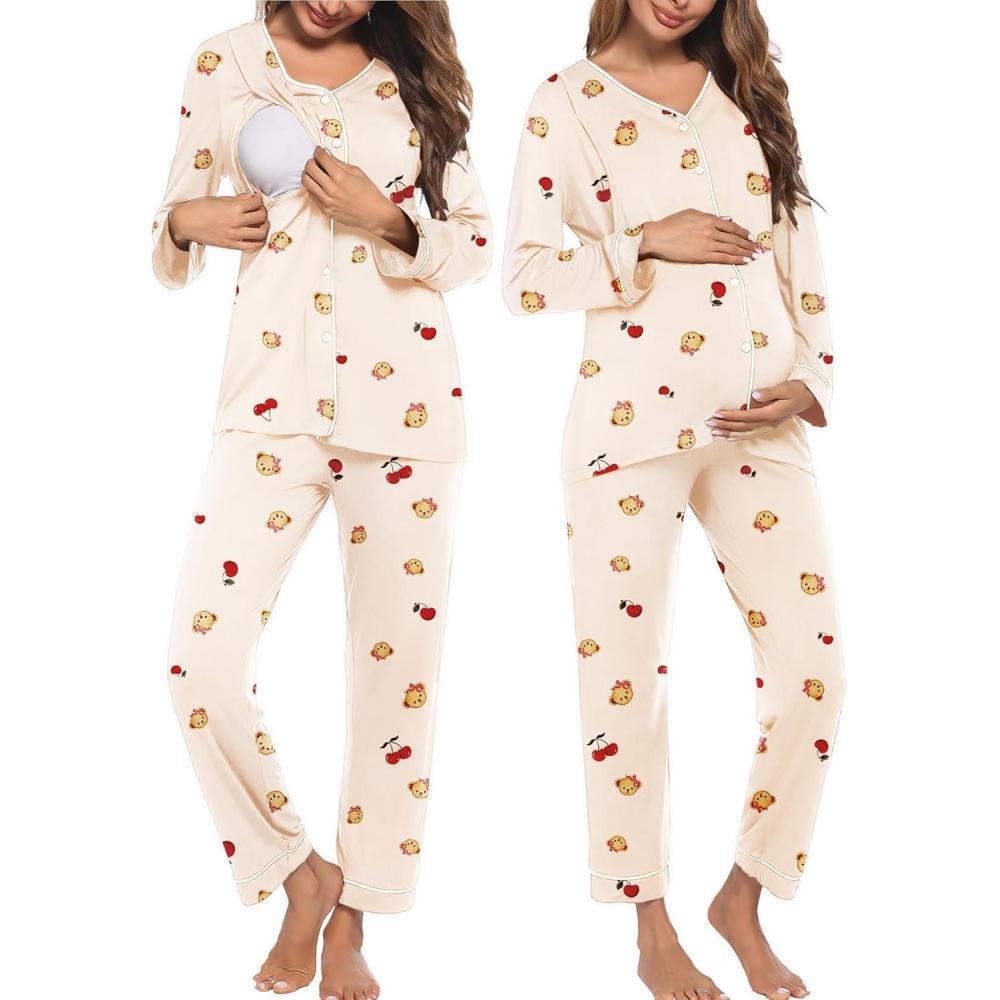 imageEkouaer Maternity Pajama Set Button Down Nursing Pajamas Long Sleeve Breastfeeding Loungewear with Adjustable PantsApricot Cherry Teddy