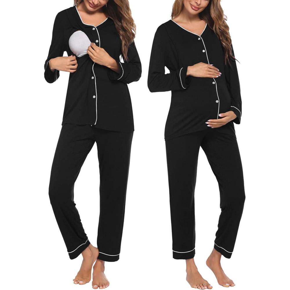 imageEkouaer Maternity Pajama Set Button Down Nursing Pajamas Long Sleeve Breastfeeding Loungewear with Adjustable PantsBlack