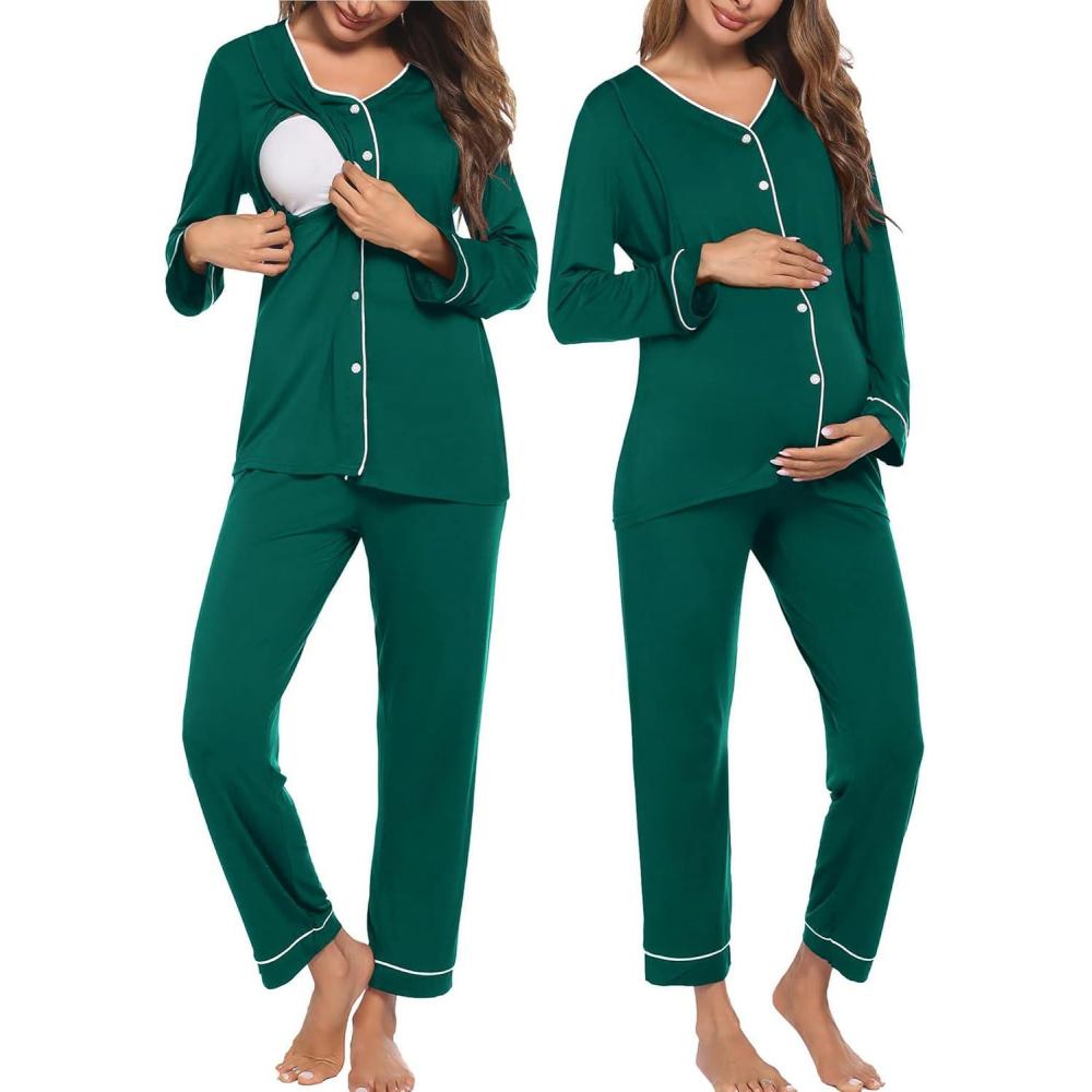 imageEkouaer Maternity Pajama Set Button Down Nursing Pajamas Long Sleeve Breastfeeding Loungewear with Adjustable PantsDeep Green