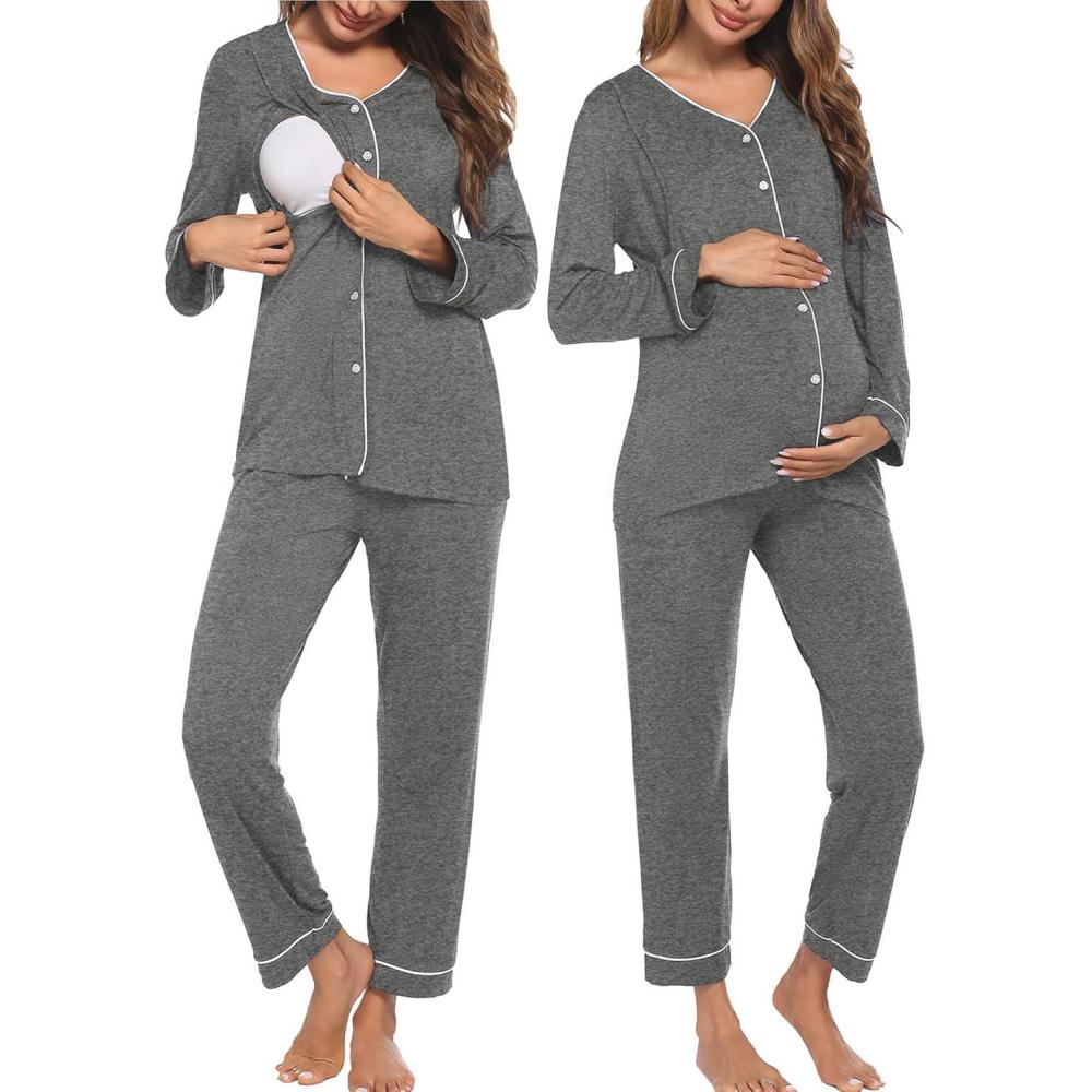imageEkouaer Maternity Pajama Set Button Down Nursing Pajamas Long Sleeve Breastfeeding Loungewear with Adjustable PantsDeep Grey