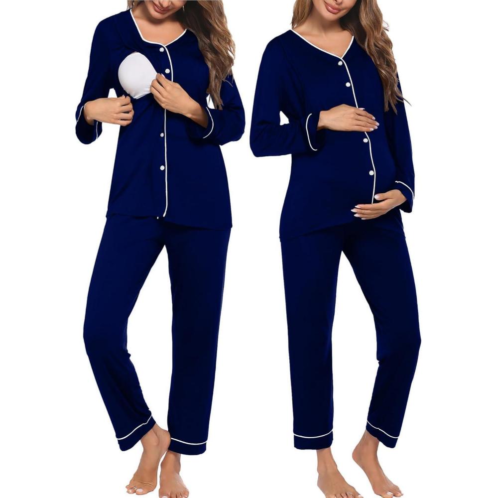 imageEkouaer Maternity Pajama Set Button Down Nursing Pajamas Long Sleeve Breastfeeding Loungewear with Adjustable PantsNavy Blue