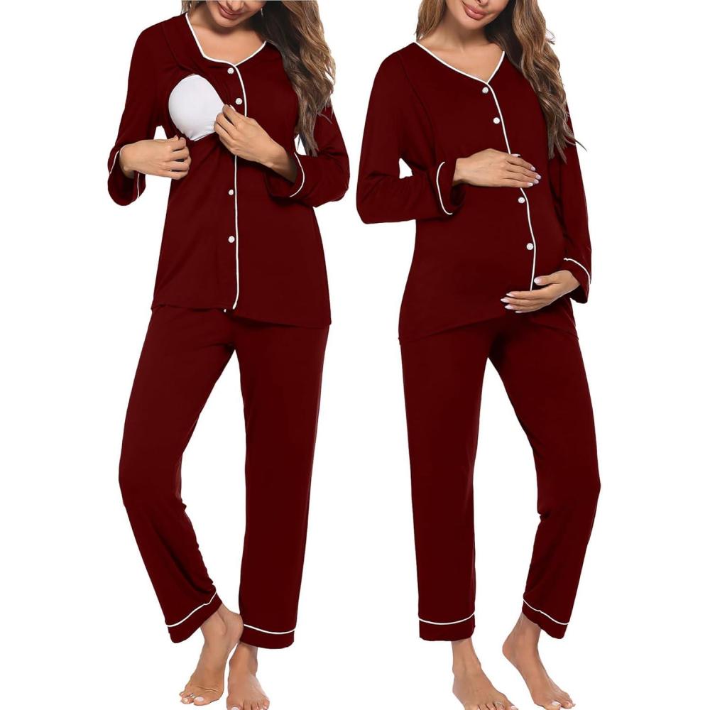 imageEkouaer Maternity Pajama Set Button Down Nursing Pajamas Long Sleeve Breastfeeding Loungewear with Adjustable PantsWine Red