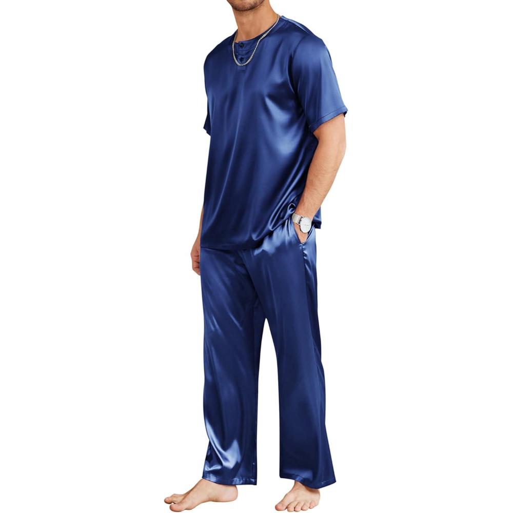 imageEkouaer Mens Silk Satin Pajama Set Short Sleeve Sleepwear Silky Loungewear with Long PantsNavy Blue
