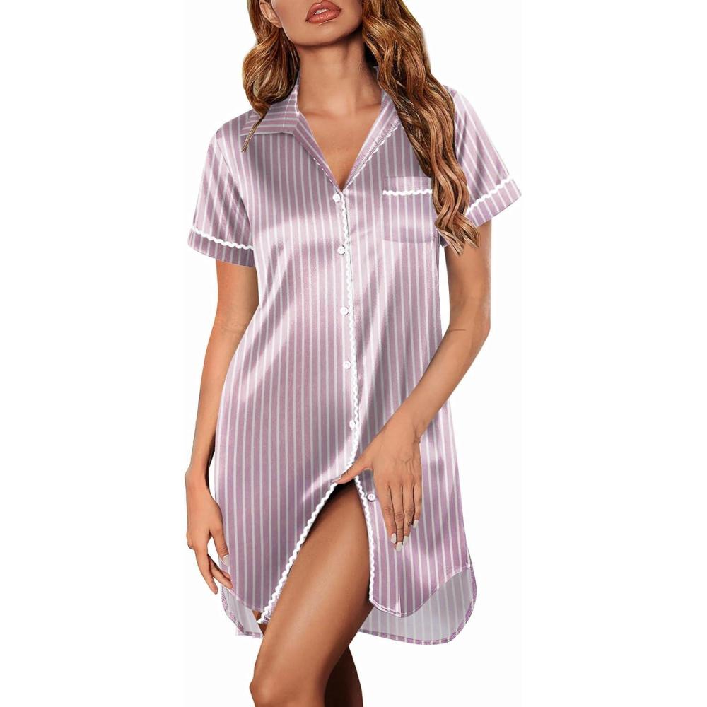 imageEkouaer Satin Nightgowns for Women Button Down Nightshirts Silk Sleepshirts Short Sleeve Boyfriend Sleepwear SXXXLLilac Stripe