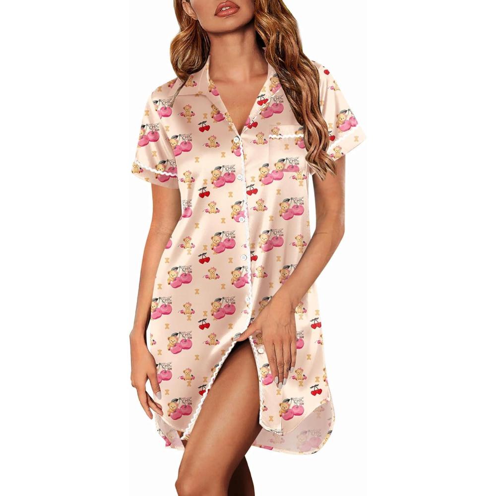 imageEkouaer Satin Nightgowns for Women Button Down Nightshirts Silk Sleepshirts Short Sleeve Boyfriend Sleepwear SXXXLTeddy Cherry