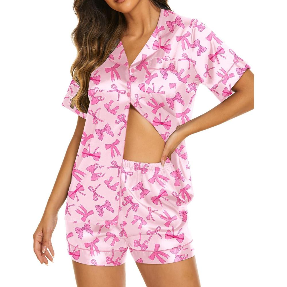 imageEkouaer Silk Pajamas for Women Short Sleeve Sleepwear Soft Button Down Loungewear 2 Piece Satin Pjs Shorts SetBow Knot Pink