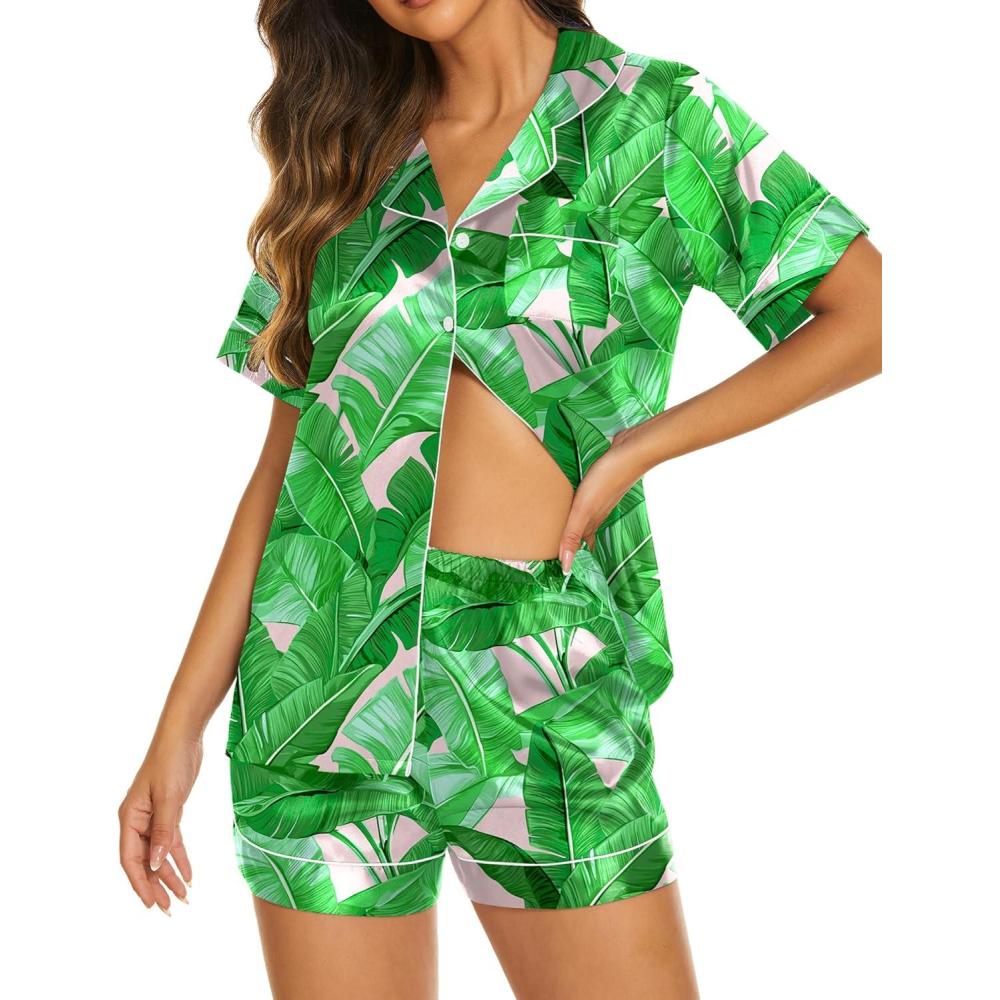 imageEkouaer Silk Pajamas for Women Short Sleeve Sleepwear Soft Button Down Loungewear 2 Piece Satin Pjs Shorts SetGreen Leaves